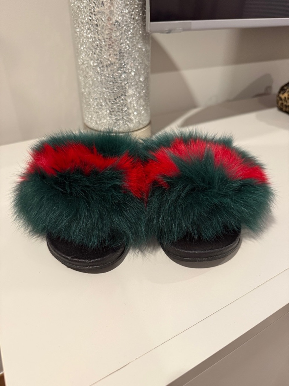 Green and Red Faux Fur Slide Sandals